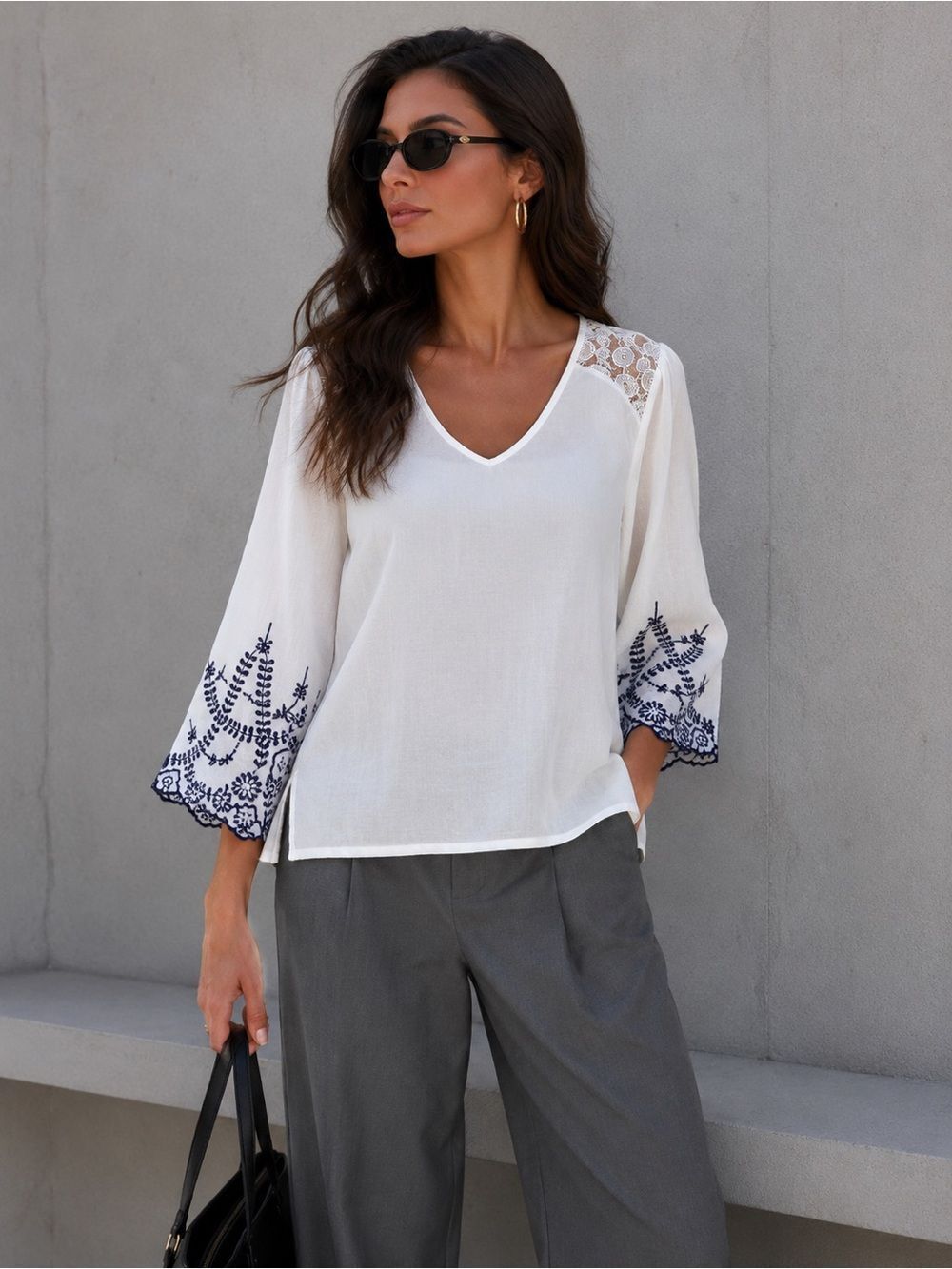 Westport Bohemian Embroidered Lace Top Blouse Lined (2 ps) White Blue Size XL